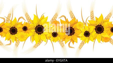 Horizontale nahtlose Hintergrund mit Sonnenblumen und Ähren. Vektor-Illustration. Stock Vektor