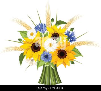 Strauß von Sonnenblumen, Gänseblümchen, Kornblumen und Ähren. Vektor-Illustration. Stock Vektor