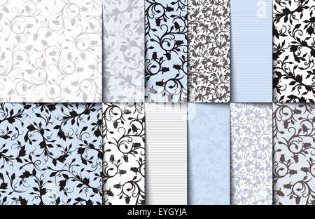 Satz von blauen, weißen und grauen nahtlose floralen Mustern. Vektor-Illustration. Stock Vektor