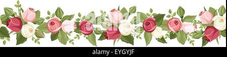 Horizontale nahtlose Hintergrund mit roten, rosa und weißen Rosenknospen. Vektor-Illustration. Stock Vektor