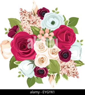 Bouquet mit roten, weißen und blauen Blüten. Vektor-Illustration. Stock Vektor