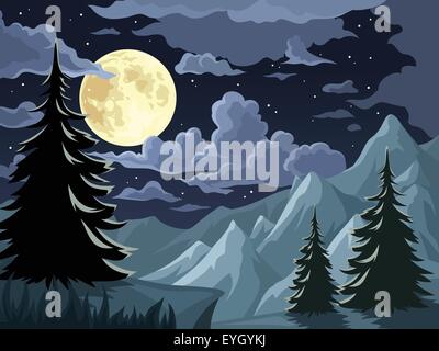 Nacht-Landschaft mit Bäumen, Bergen und Vollmond. Vektor-Illustration. Stock Vektor