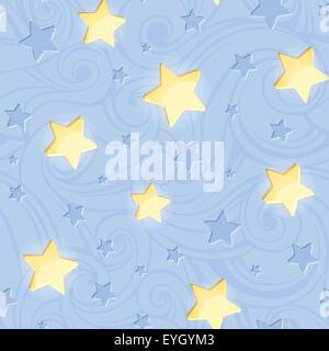 Nahtlose Muster mit leuchtenden Sternen auf blau. Vektor-Illustration. Stock Vektor