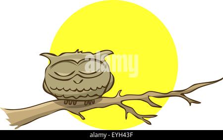 Schlafende Eule auf einem Ast auf einem Hintergrund des Vollmondes. Vektor-illustration Stock Vektor