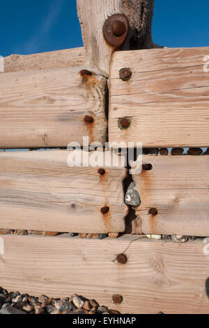 Hastings, England. Detail der hölzernen Buhne Küstenschutzes mit rostigen Nägeln. Stockfoto