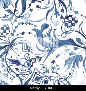 Nahtlose handbemalte Textur mit märchenhaften Ornamenten auf weißem Hintergrund Stockfoto