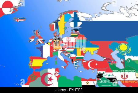 Symbolbild: Eruopa, Naher Osten Und Nordafrika: Laenderumrisse Mit Flaggen / symbolischen Bild: Europa, Naher Osten und Nordafrika Stockfoto