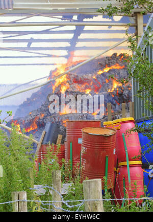 Plumpton, East Sussex, Großbritannien. Juli 2015. Die Feuerwehr enthält Feuer in der Heu- und Strohlagerscheune des Plumpton Agricultural College Stockfoto