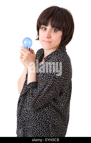 Frau mit Energie Birne, isoliert auf weiss Stockfoto