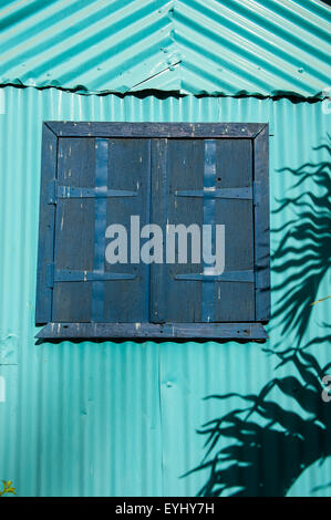 Flic En Flac, Mauritius. Blaue Fensterläden auf eine türkise gewellte Wand mit Palm Leaf Schatten geschlossen. Stockfoto