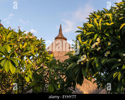 Flic En Flac, Mauritius. La Pirogue Touristenort. Traditionellen Strohdach und Frangipani-Bäume. Stockfoto