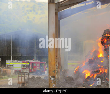 Plumpton, East Sussex, Großbritannien. Juli 2015. Die Feuerwehr enthält Feuer in der Heu- und Strohlagerscheune des Plumpton Agricultural College Stockfoto