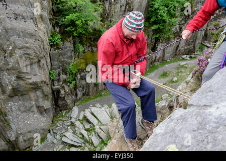 Nervöser Anfänger männlichen Felsen Kletterer Abseilen mit Sicherungsseil auf eine Felswand. North Wales, UK, Großbritannien Stockfoto