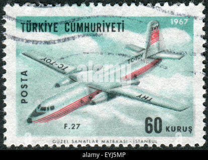 Türkei - CIRCA 1967: Briefmarke gedruckt in der Türkei, abgebildeten Fokker F27 Friendship, circa 1967 Stockfoto