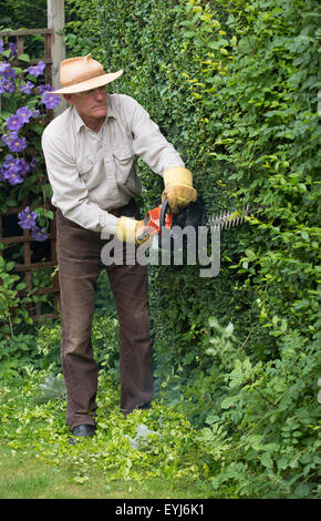 Mann trägt Schutzbrille und Handschuhe Garten schneiden Absicherung mit einem Benzin-Hedge-cutter Stockfoto