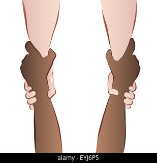 Interracial Zusammenarbeit - Speichern von Hände - Rettung Griff. Abbildung auf weißem Hintergrund. Stockfoto