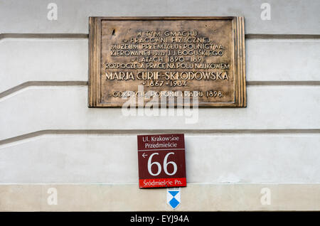 Gedenktafel für erste Maria Skłodowska Curie-Labor, Warschau, Polen Stockfoto