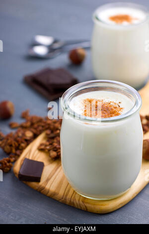 Nahaufnahme eines Teils des natürlichen Joghurt mit Müsli Schokolade garniert Stockfoto