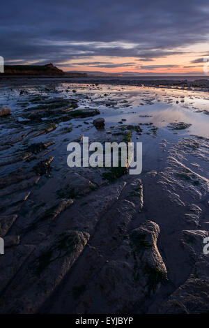 Nasse Kalkfelsen reflektieren die Glut eines Sonnenuntergangs am Kilve Strand, Somerset. Stockfoto