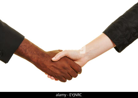 Handshake zwischen afrikanischer und europäischer Geschäftsleute Stockfoto