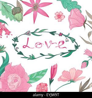 Vektor-romantische Illustration mit rosa Blüten und Laub für Karte, Hochzeit Design Minze Stock Vektor