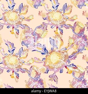 Nahtlose blauer Hintergrund mit skizzieren, Blumen und Aquarell-Effekt für Textil, Tapete, Schlafzimmer-Innenarchitektur Stock Vektor