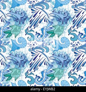 Nahtloser Vektor Hintergrund mit Doodle Stil Tropfen, Aquarell Spritzen und Fisch Stock Vektor