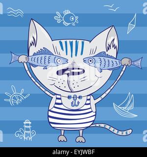 Vektor-lustige Baby Doodle Designcharakter mit Fischen und Meer Symbole Stock Vektor