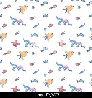 Weißer Hintergrund nahtloser Vektor mit Fischen und Muscheln Stock Vektor