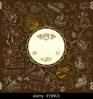 Vintage Menühintergrund mit handgemalten Tiere und Kuchen Stock Vektor