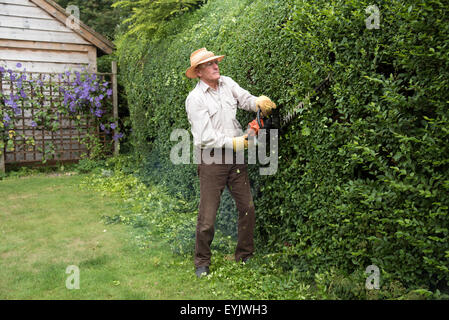 Mann trägt Schutzbrille und Handschuhe Garten schneiden Absicherung mit einem Benzin-Hedge-cutter Stockfoto