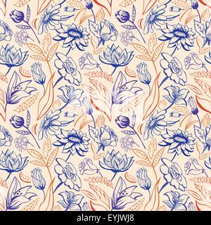Nahtlose Umriss Vektor Hintergrund mit Vintage Blumen Stock Vektor
