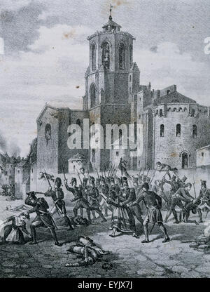 Halbinselkrieg (1808-1814). Katalonien. Belagerung und Eroberung von Tarragona durch französische Truppen unter Kommando von Marschall Suchet (28. Juni 1811). In der Nähe der Kathedrale zu bekämpfen. Kupferstich, 19. Jahrhundert. Stockfoto