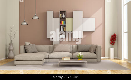 Modernes Wohnzimmer mit eleganten Sofa und Wand auf Hintergrund - 3D rendering Stockfoto