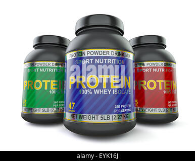 Sport Ernährung und Bodybuilding Fitness Nahrungsergänzungsmittel Konzept - Whey Isolat, Soja und Ei-Protein-Glas Dosen isoliert auf weiss Stockfoto