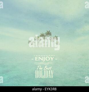 Schmutzige Hintergrund mit Himmel, Meer, tropische Insel mit Palmen und Titel Inschrift Stock Vektor