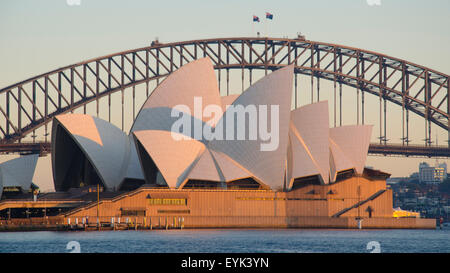 Am frühen Morgen warme Sonne auf der östlichen Seite des Opernhauses von Sydney und der Sydney Harbour Bridge in Australien. Stockfoto