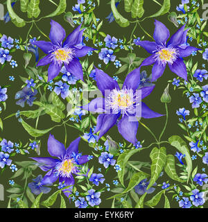 Aquarell Musterdesign mit lila Clematis und Immergrün Blumen Dekor Stockfoto