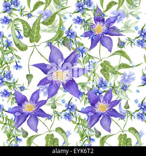 Aquarell nahtlose Textur mit Gartenblumen - Immergrün und Clematis auf weißem Hintergrund Stockfoto