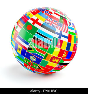ThreeD Globe Kugel mit Flaggen der Welt auf weiß Stockfoto