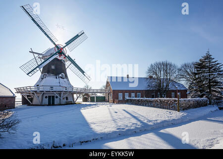 Winterstimmung, Seriemer Mühle mit Neuharlingersiel, Niedersachsen, Ostfriesland, Harlingerland, Stockfoto