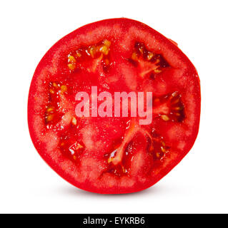 Eine Hälfte saftige rote Tomate isoliert auf weißem Hintergrund Stockfoto