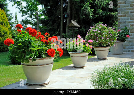 Gartenterrasse mit Topfpflanzen in italienischen Designer Keramik, Stockfoto