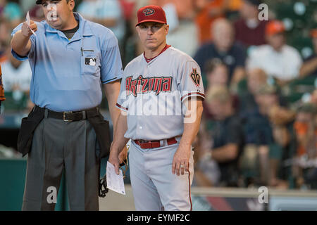 Houston, TX, USA. 31. Juli 2015. Arizona-Diamantmarkierungen Manager Chip Hale (3), bevor ein Hauptliga-Baseball-Spiel zwischen der Houston Astros und die Arizona Diamondbacks im Minute Maid Park in Houston, Texas. Trask Smith/CSM/Alamy Live-Nachrichten Stockfoto