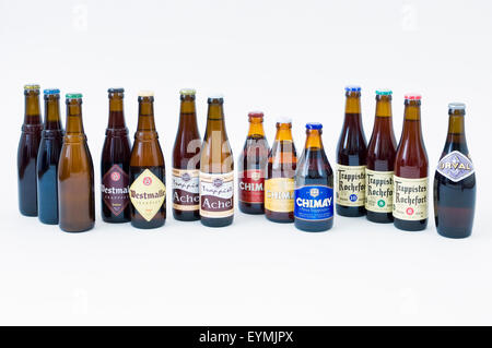 Eine Vielzahl von aller anerkannten belgischen Trappisten Biere zur Verfügung, um die Öffentlichkeit auf weißem Hintergrund Stockfoto