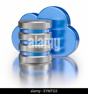 Remotedatenbank Cloud-computing Technologie Speicherkonzept - Metall Symbol Datenbanksymbol blau glänzende Wolke mit Reflexion über w Stockfoto