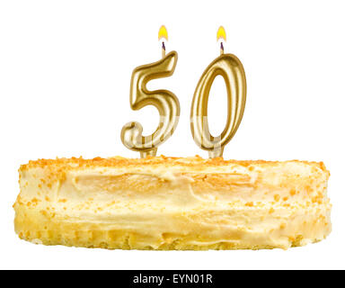 Geburtstagstorte mit Kerzen Zahl fünfzig isoliert auf weißem Hintergrund Stockfoto