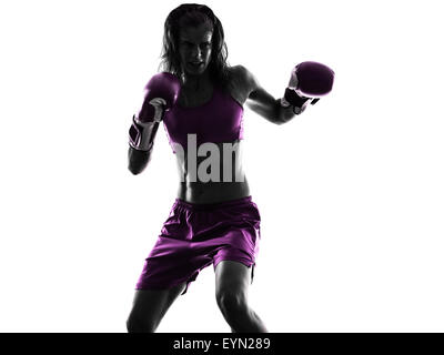 eine Frau Boxer Boxen Kickboxen Silhouette isoliert auf weißem Hintergrund Stockfoto