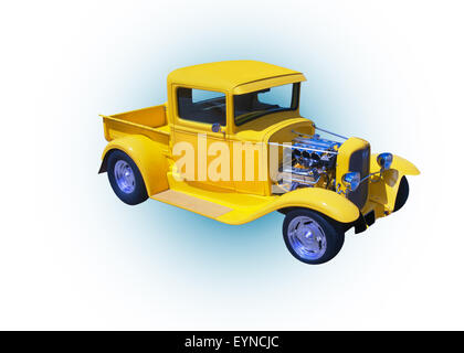 Gelbe 1932 Ford Truck Modell BB auf weißem Hintergrund mit blauer Punkt in der Mitte. Stockfoto
