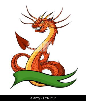 Roter Drache und grünes Band für Ihren Text isoliert auf weiss. Abbildung im Cartoon-Stil. Stock Vektor